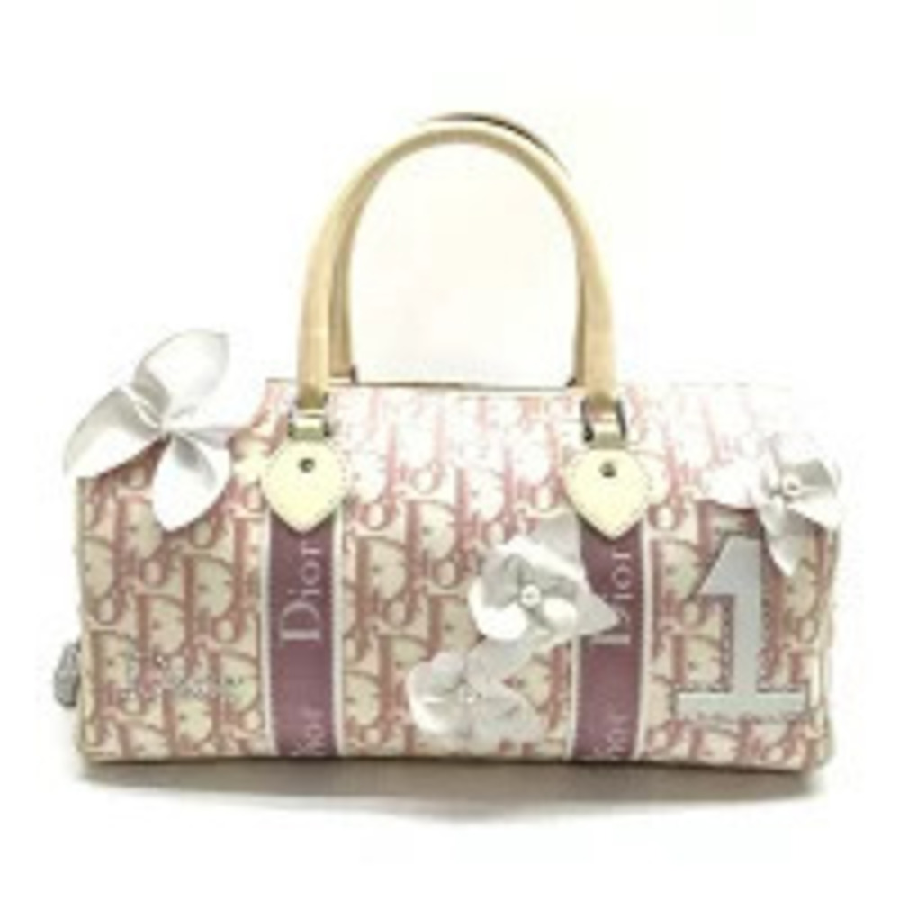 Christian Dior Trotter Boston Handbag Flower Rhinestones Pink White